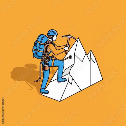 climber reaching summit with pickaxe.