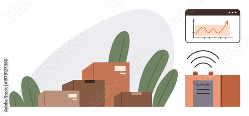 E-commerce, logistics, supply chain, delivery systems, inventory tracking, data analytics. Cardboard boxes, chart display and wireless device. Logistics and e-commerce connection concept