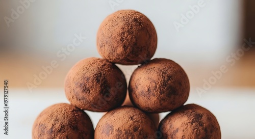 Delicious chocolate confections dusted with cocoa powder arranged in a pyramid formation on a neutral surface perfect for dessert advertising and recipe creation showcase your sweet treats