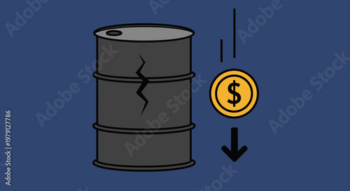 Illustration d'un baril de pétrole fissuré avec une pièce de dollar tombante et une flèche vers le bas symbolisant la chute des prix de l'énergie.