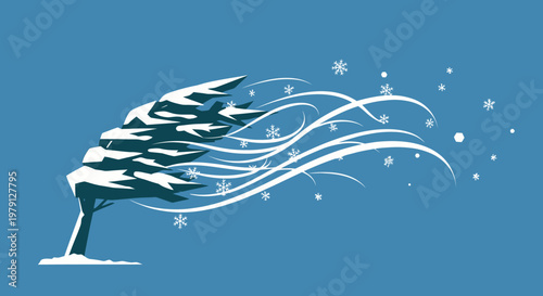 Illustration vectorielle d'un sapin courbé par un vent violent lors d'une tempête de neige hivernale sur un fond bleu minimaliste.
