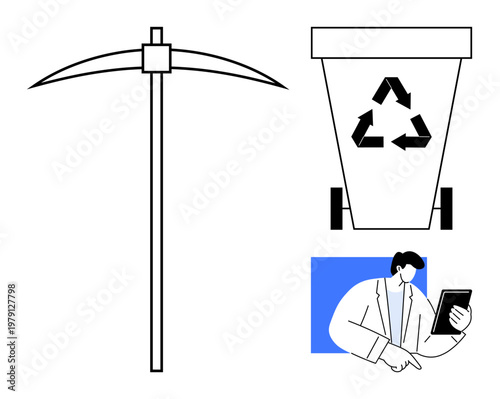 Recycling, environmental research, sustainability, waste management, scientific innovation, eco-friendly practices. Pickaxe, recycle bin with symbol and scientist with tablet. Recycling