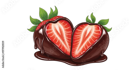 A sliced strawberry dipped in rich dark chocolate with dripping glaze