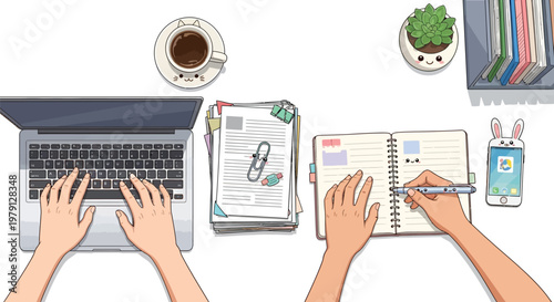 Overhead view of hands typing and writing with study materials nearby