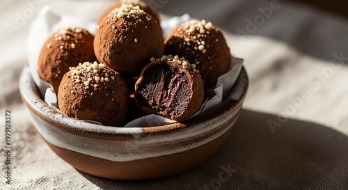 Delicious round cocoa dusted sweets are presented in a rustic ceramic bowl ready for a delightful tasting experience perfect for baking and dessert themes