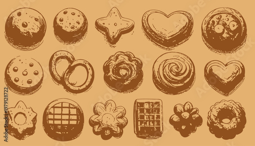 Coleção de ilustrações de biscoitos e bolachas artesanais em estilo de desenho à mão vintage com diversas formas geométricas e decorativas.