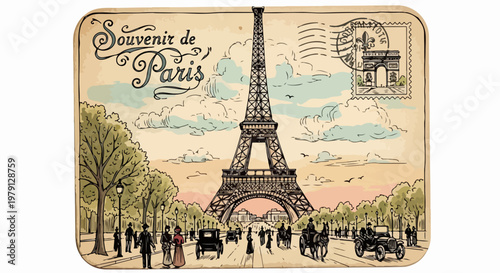Ilustração de cartão postal retrô Souvenir de Paris apresentando a Torre Eiffel, selos clássicos e cena de rua histórica em tons sépia.