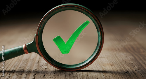 Magnifying glass focusing on a green checkmark, symbolizing confirmation, accuracy, and a successful outcome