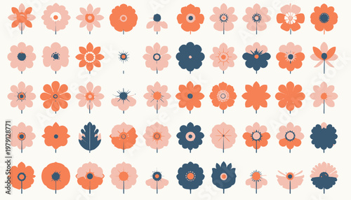 Conjunto de ícones de flores minimalistas e geométricas em tons de pêssego e azul escuro, ideal para design gráfico e padrões decorativos modernos.