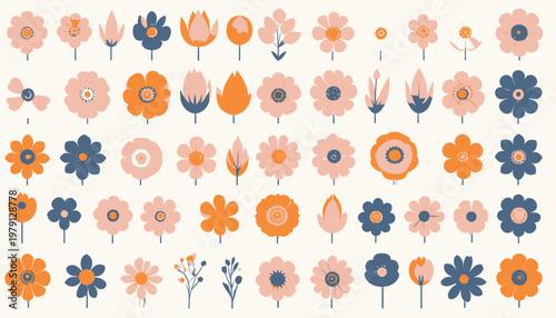 Coleção de ícones de flores estilizadas em tons de pêssego, laranja e azul marinho, ideal para design gráfico e padrões decorativos modernos.