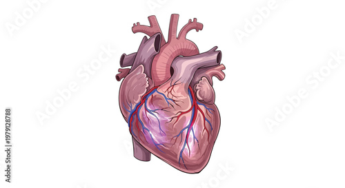 Anatomical illustration of a human heart with visible vessels