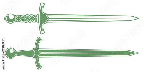 Two green swords on white background.