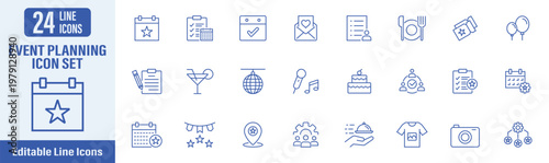 Event planning line icon. Contains icons as event, party, wedding, celebration, conference, schedule, planning, invitation and more. Vector illustration.