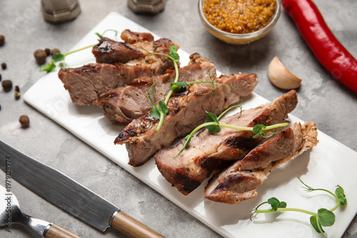 Cut grilled steak with micr...