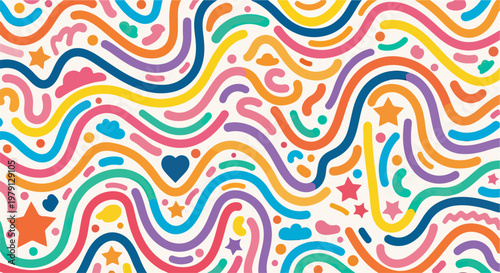 Buntes abstraktes Muster mit handgezeichneten Wellenlinien, Sternen, Herzen und Punkten auf weißem Hintergrund für kreative Designprojekte.