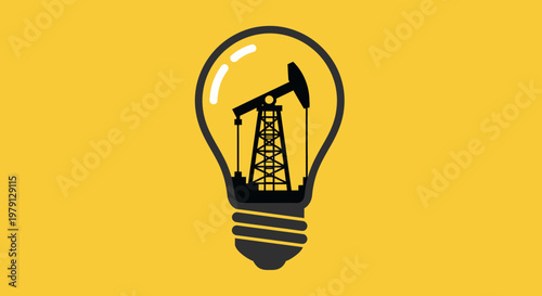 Illustration einer Glühbirne mit einer Ölpumpe im Inneren vor gelbem Hintergrund als Symbol für fossile Brennstoffe und weltweite Energieerzeugung.