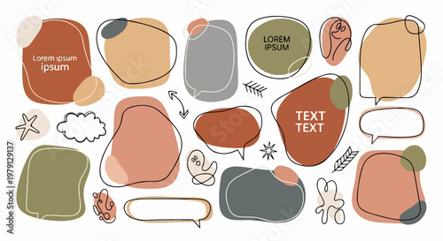 Set von minimalistischen organischen Sprechblasen und Textfeldern in warmen Erdtönen für kreative Designs, Präsentationen und Social Media Layouts.