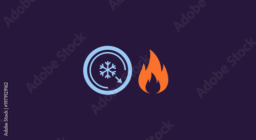 Illustration von Klimakontrolle-Icons mit Schneeflocken-Symbol für Kühlung und Flammen-Symbol für Heizung auf einem minimalistischen dunklen Hintergrund.