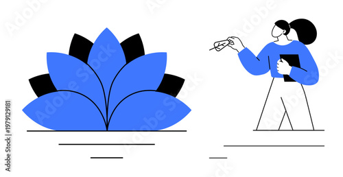 Health and wellness, mindfulness, balance, personal growth, education, training. Woman with clipboard near abstract lotus design. Wellness and mindfulness concept for self-improvement and relaxation