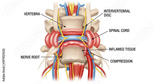 Educational medical diagram illustrating spinal cord compression caused by inflamed intervertebral discs and nerve roots.