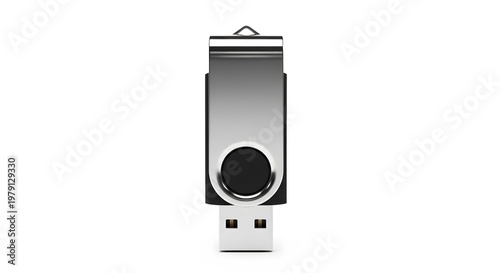 Silver and black u s b flash drive with a sliding cover and a black button on a white background