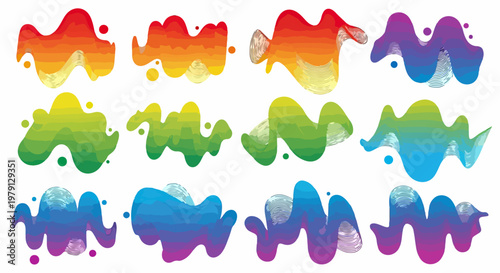 Set von zwölf abstrakten, wellenförmigen organischen Formen mit lebendigen Farbverläufen auf weißem Hintergrund für modernes Grafikdesign und Branding.