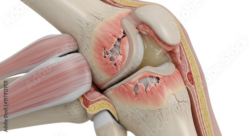 Cross section medical illustration of a human knee joint showing damaged cartilage and joint inflammation