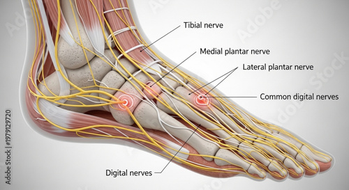 Anatomical illustration of human foot nerves showing irritation and pain points with labels on a grey background