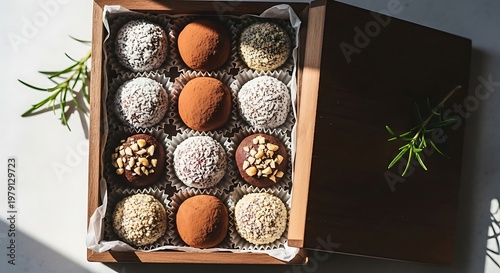 Delicious assorted sweet confectionery truffles presented in a decorative cardboard box offering a variety of textures and flavors perfect for gifting or special occasions captured in bright