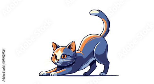 Ilustración de un gato tricolor estirándose sobre un fondo blanco, con un diseño moderno y minimalista de colores azul y naranja vibrantes.
