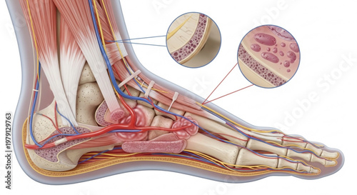Cross section of human foot anatomy with detailed medical callouts showing cellular level inflammation