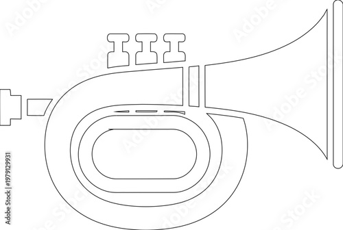 Musical brass instrument trumpet outline vector illustration for coloring book page and creative band performance education icon graphic