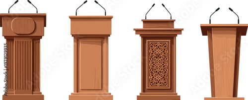 Wooden podium collection with microphones, conference lecterns in various classic and modern styles, detailed vector illustration set