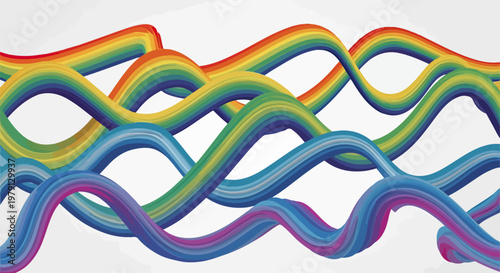 Ilustración abstracta en 3D con líneas onduladas y fluidas en colores del arcoíris entrelazadas sobre un fondo blanco, ideal para diseño creativo.