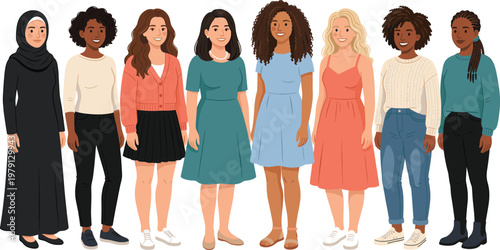 Diverse Women Characters Collection with Different Ethnicities Hairstyles and Casual Outfits Inclusive Female Representation Flat Vector Illustration Set
