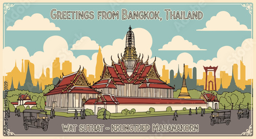 Illustrazione in stile cartolina vintage di Bangkok che mostra il tempio Wat Suthat, l'Altalena Gigante e i tuk-tuk in una scena urbana asiatica.