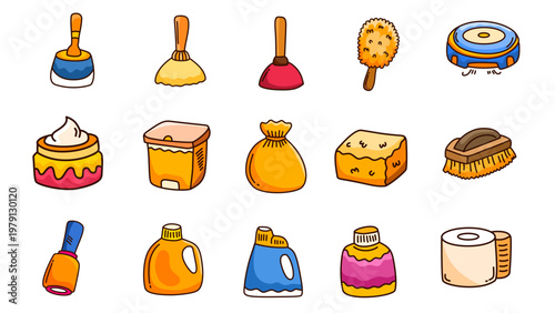 household cleaning tools bundle with plunger sponge soap and bathroom cleaning supplies