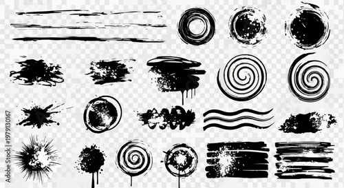 Set di pennellate artistiche nere, schizzi di inchiostro, spirali e texture grunge su sfondo trasparente per progetti creativi e design grafico.