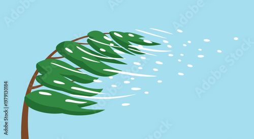 Illustrazione vettoriale di un albero che si piega sotto la forza di un forte vento durante un temporale o un uragano su sfondo azzurro.
