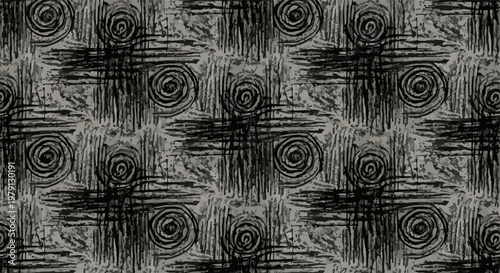 Sfondo astratto con trama senza cuciture di spirali nere e tratteggio incrociato su base grigia, stile artistico grunge e materico.