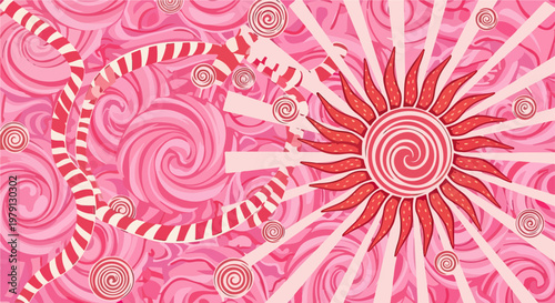 Illustrazione astratta di un mondo di caramelle rosa con un sole radioso, spirali dolci e nuvole di zucchero filato in stile psichedelico.