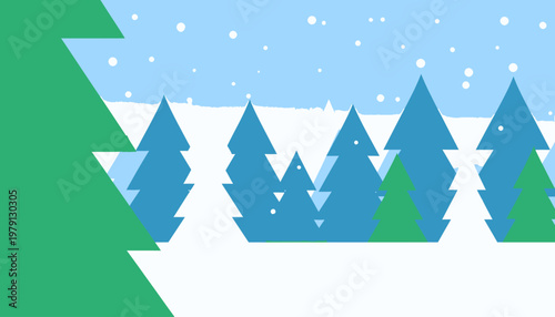 Illustrazione vettoriale piatta di un paesaggio invernale con alberi di pino stilizzati sotto una leggera nevicata e cielo azzurro.
