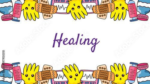 healing medical banner with yellow gloves band aids and stethoscope border design