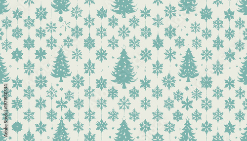 Sfondo natalizio senza cuciture con pattern di alberi di Natale e fiocchi di neve color verde acqua su base crema per carta da regalo.