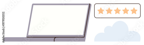 Online reviews, cloud computing, tech services, user feedback, ecommerce ratings, digital platforms. Laptop display with five-star rating and cloud icon. Online reviews and cloud computing concept