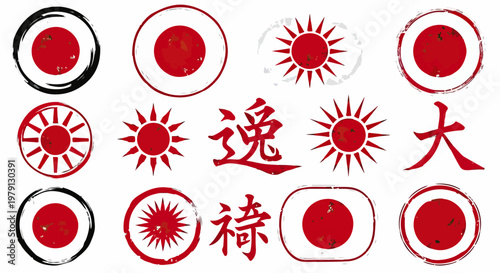 Collezione di timbri e simboli grafici giapponesi con icone del sole nascente rosso, pennellate di inchiostro nero e caratteri kanji tradizionali.