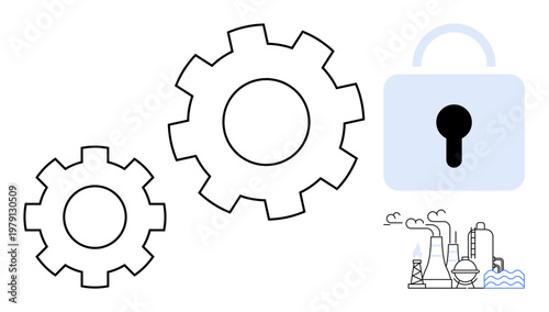 Industrial cybersecurity, manufacturing safety, data protection, system reliability, technology innovation, secure operations. Black and white gears with padlock and industrial factory. Industrial