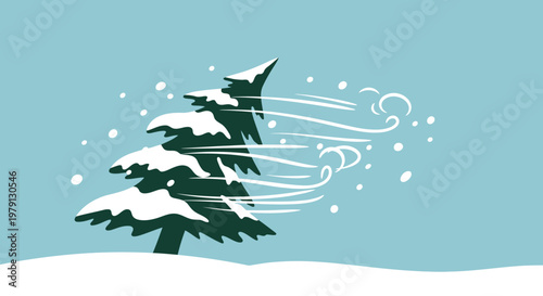 激しい吹雪の中で強い風に耐えながら雪が積もったもみの木を描いた、ミニマルでフラットなデザインのイラスト素材。冬の厳しい自然環境と静寂を表現した、シンプルで使いやすい北欧スタイルの背景グラフィックデザインです。
