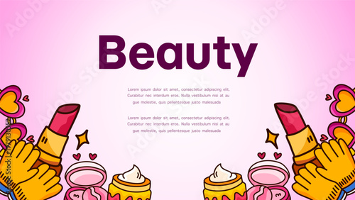 Vibrant pink makeup and beauty product banner with lipstick and powder icons
