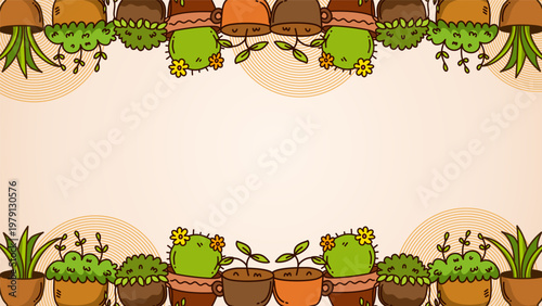 Green potted plants and cactus garden border with various succulents and foliage